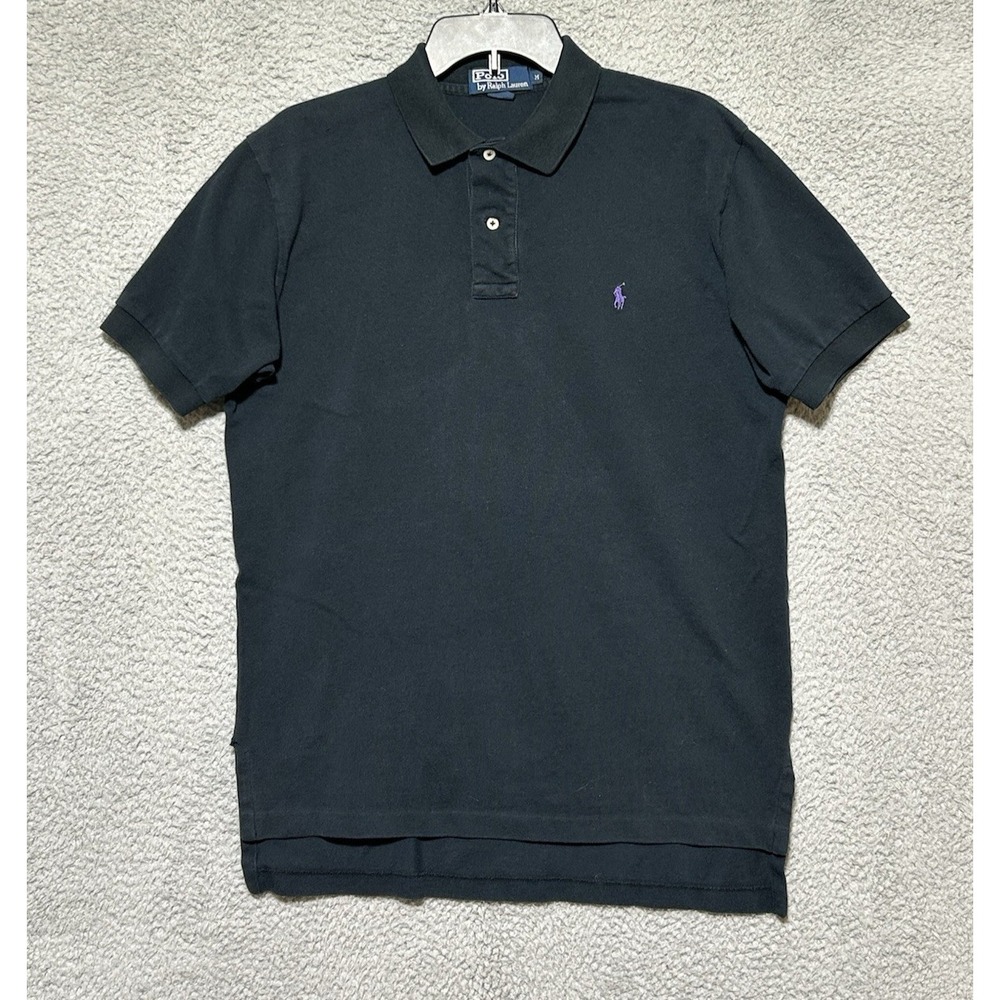 Polo Ralph Lauren Mens Black Solid Polo Shirt M Short Sleeve Purple Pony Button